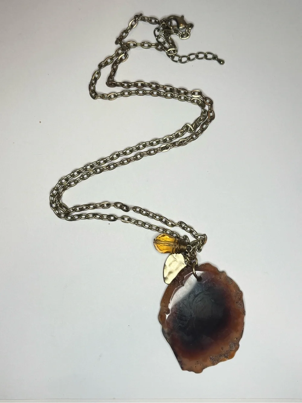 Agate Slice Pendant Necklace Druzy Quartz Gold Tone Heart Glass Crystal 31”
